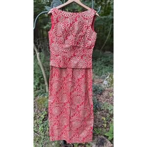 Vintage 60-70's Red And Gold Floral Design RETRO BOHO dress Size 12